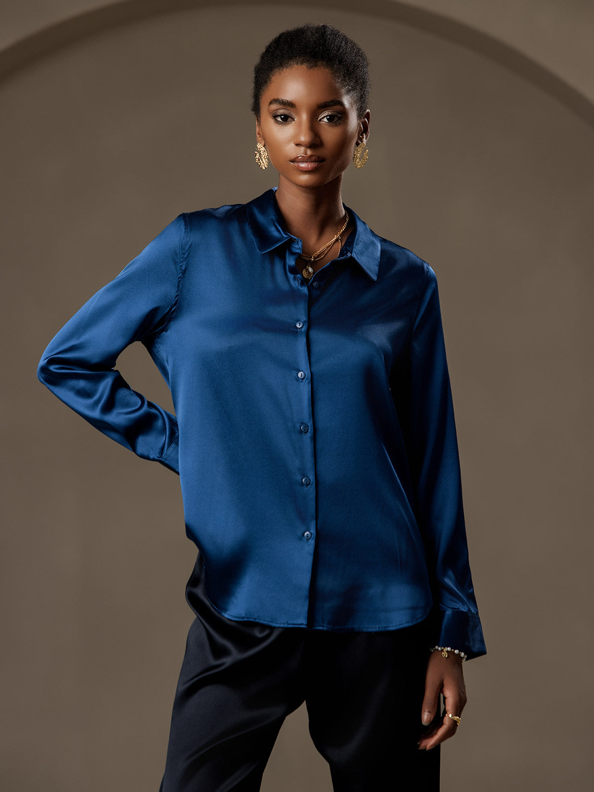 [Teal] SilkSilky  Silk Long Sleeve Lapel Collar Women's Shirt 001