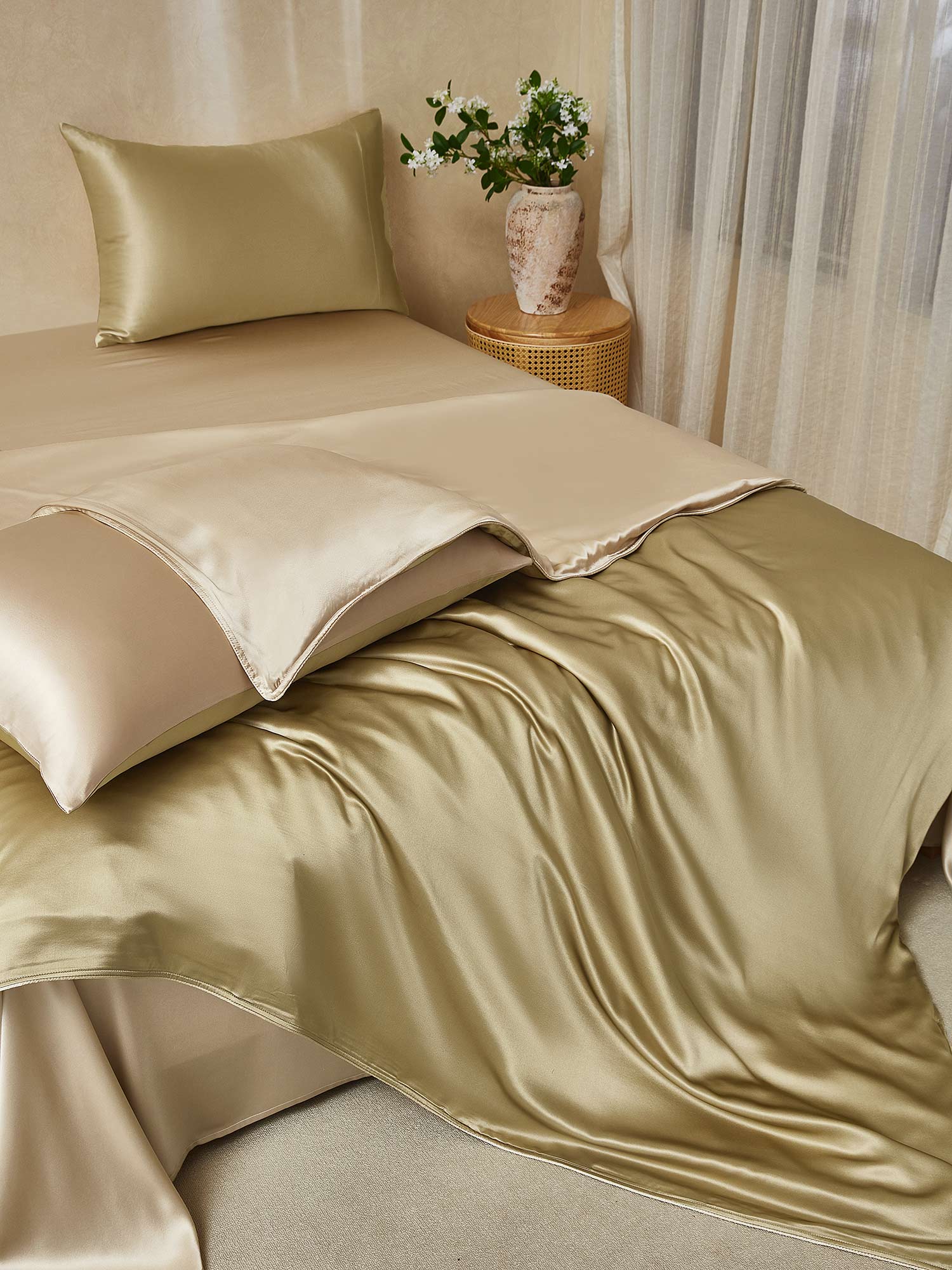 [Beige+Khaki] SilkSilky  19Momme Pure Silk Bedding Set 001,