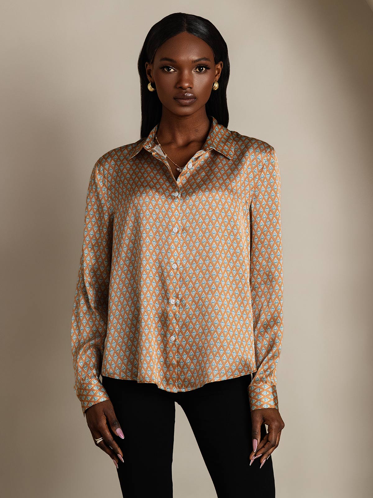 [Floral] SilkSilky  19Momme Stretch Silk Charmeuse Long Sleeve Lapel Collar Women's Shirt 005