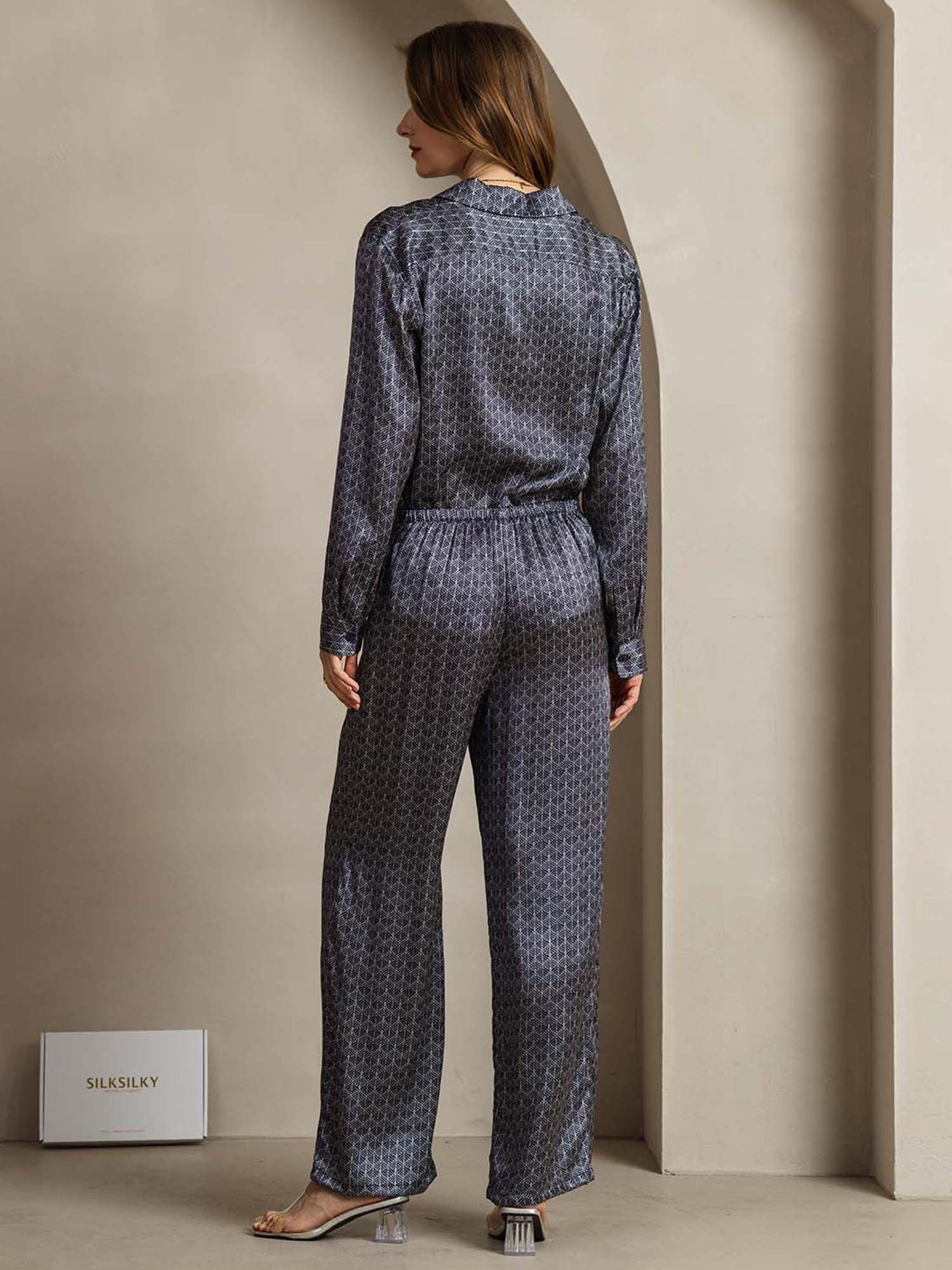 [NavyGinkgo] SilkSilky 19Momme Silk Lapel Collar Women''s Outfit Sets 002