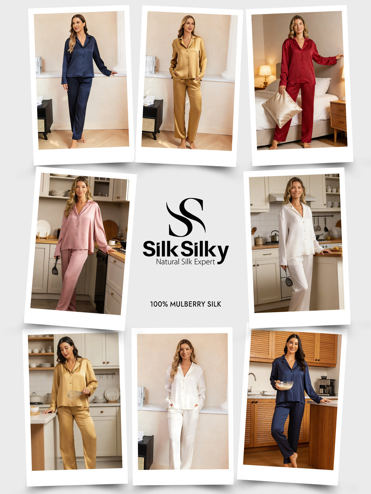 [Wine] SilkSilky  19Momme Silk Notched Neck Women's Pajamas 004