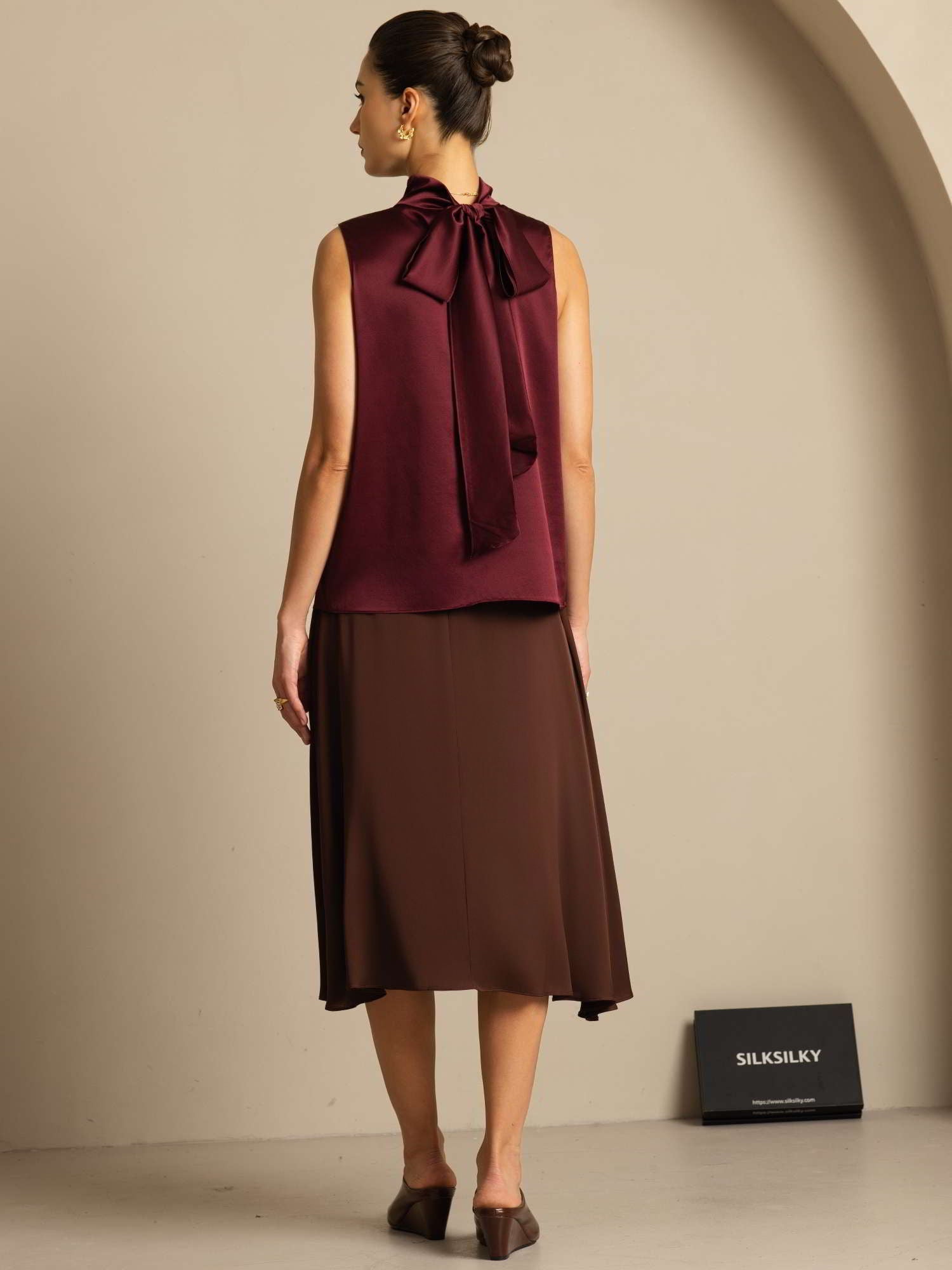 [Dark Red] SilkSilky  19Momme Silk Sleeveless Tie Neck Blouse 011