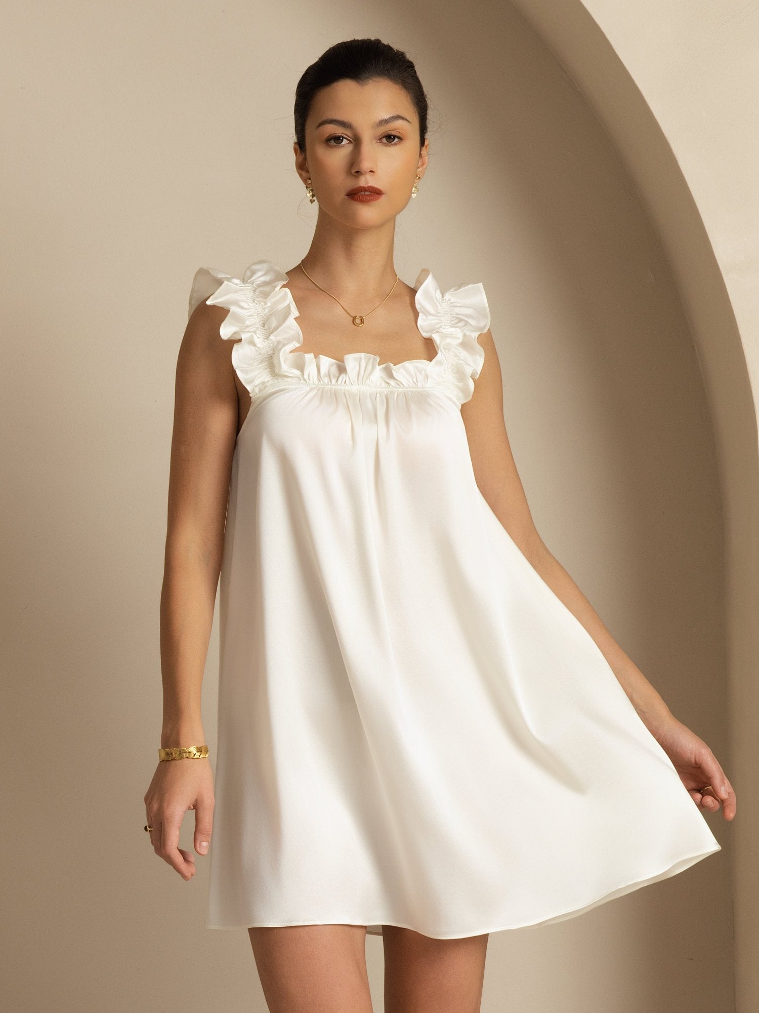 [White] SilkSilky 19Momme Silk Sleeveless Square Neck Dress 001