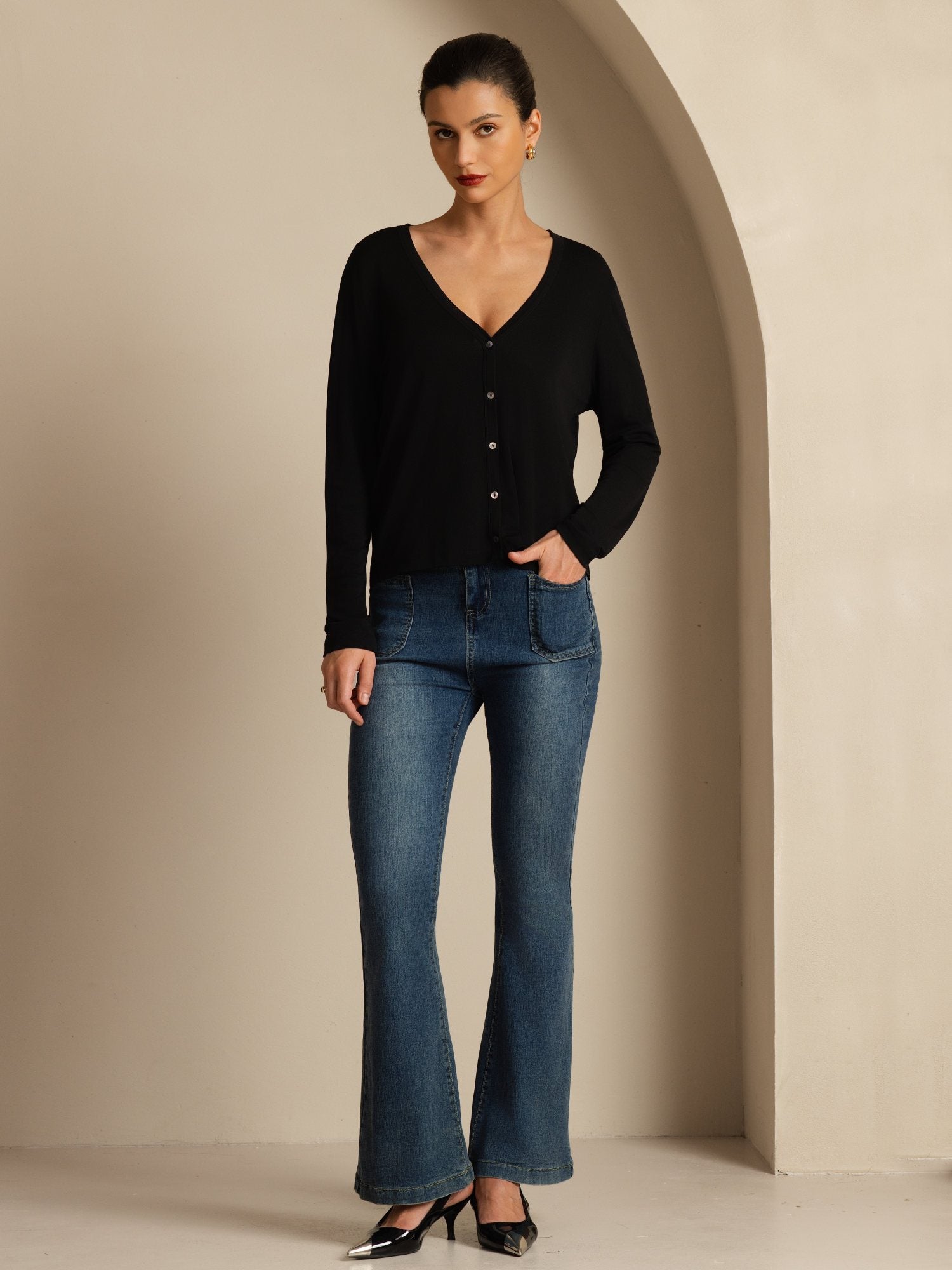 [Black] SilkSilky Silk Long Sleeve V Neck Women's Cardigan 006