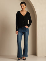 Black silk V-neck long sleeve cardigan with button front closure