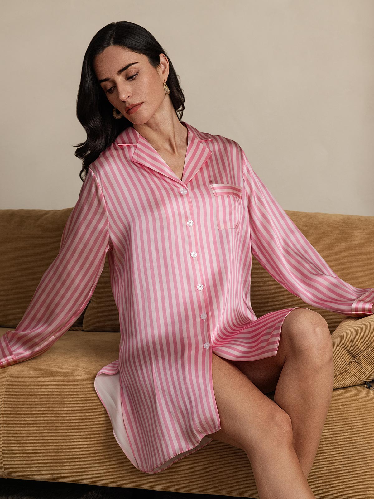 SilkSilky  Pure Silk Long Sleeve Lapel Nightshirt Pink 008