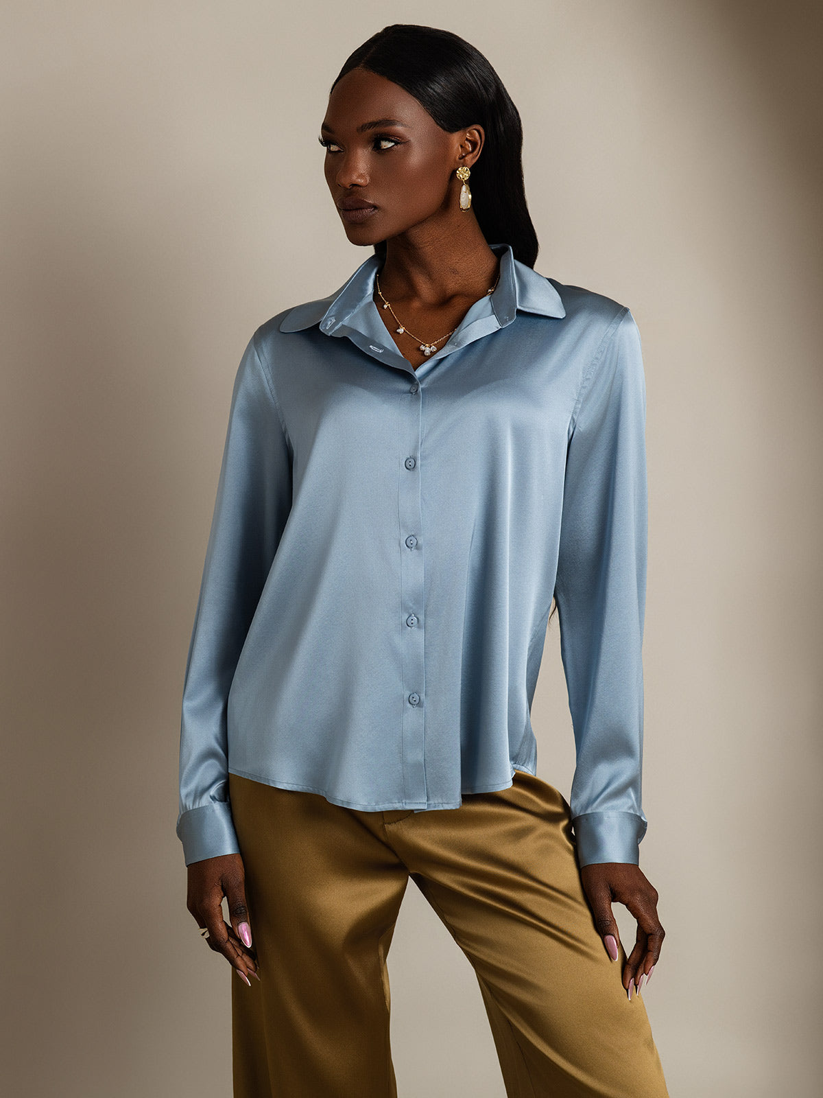 SilkSilky  Silk Blend Long Sleeve Collar Women's Shirt GrayishBlue 001