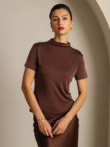 [Coffee] SilkSilky  100% Silk Jersey Short Sleeve Mock Neck Women's T-Shirt 008