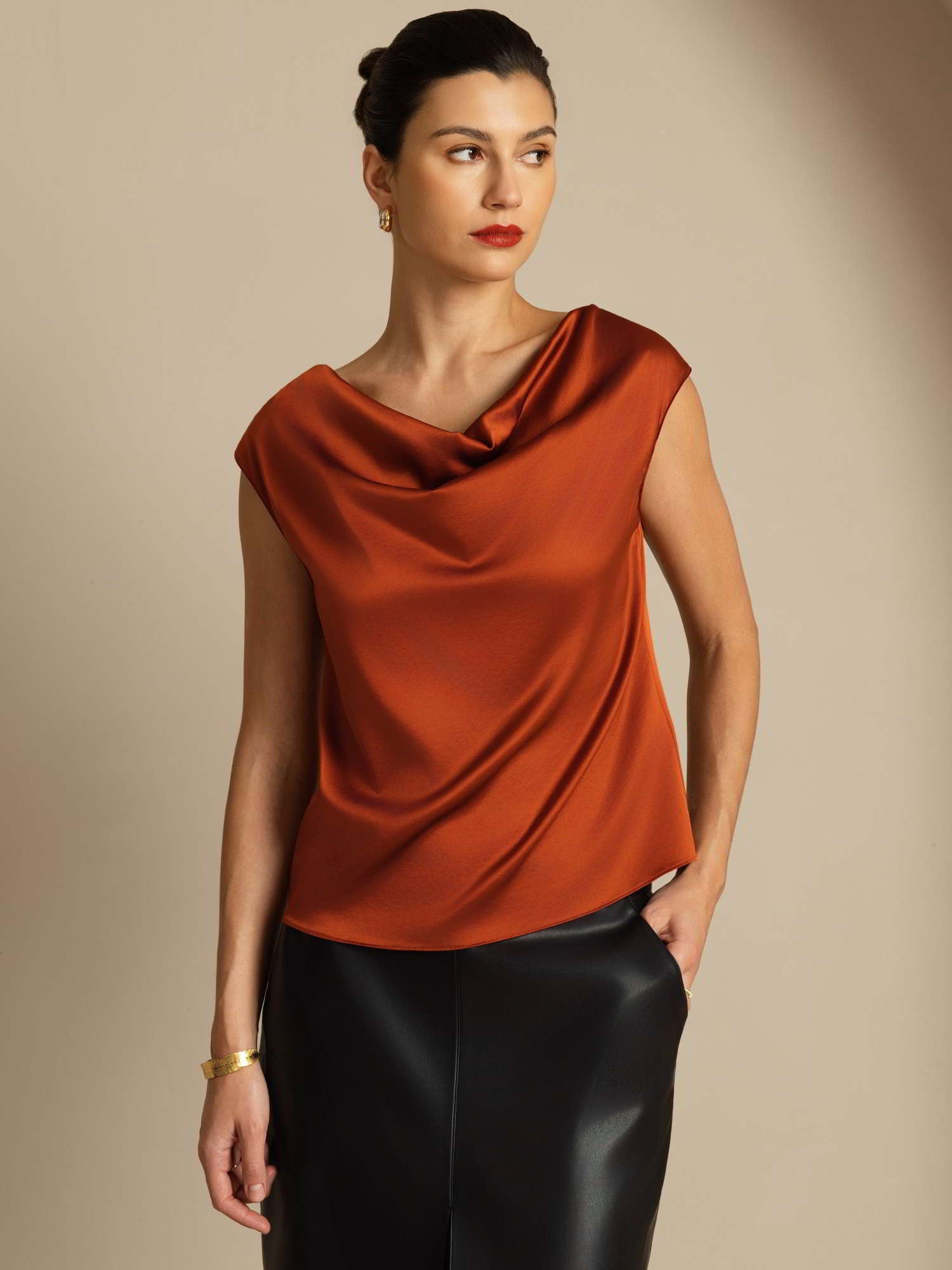 [Caramel] SilkSilky  19Momme Silk Cap Sleeve Cowl Neck Women's T-Shirt 005