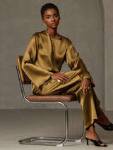 [Brown] SilkSilky  19Momme Stretch Silk Charmeuse Long Sleeve Boat Neck Blouse 007