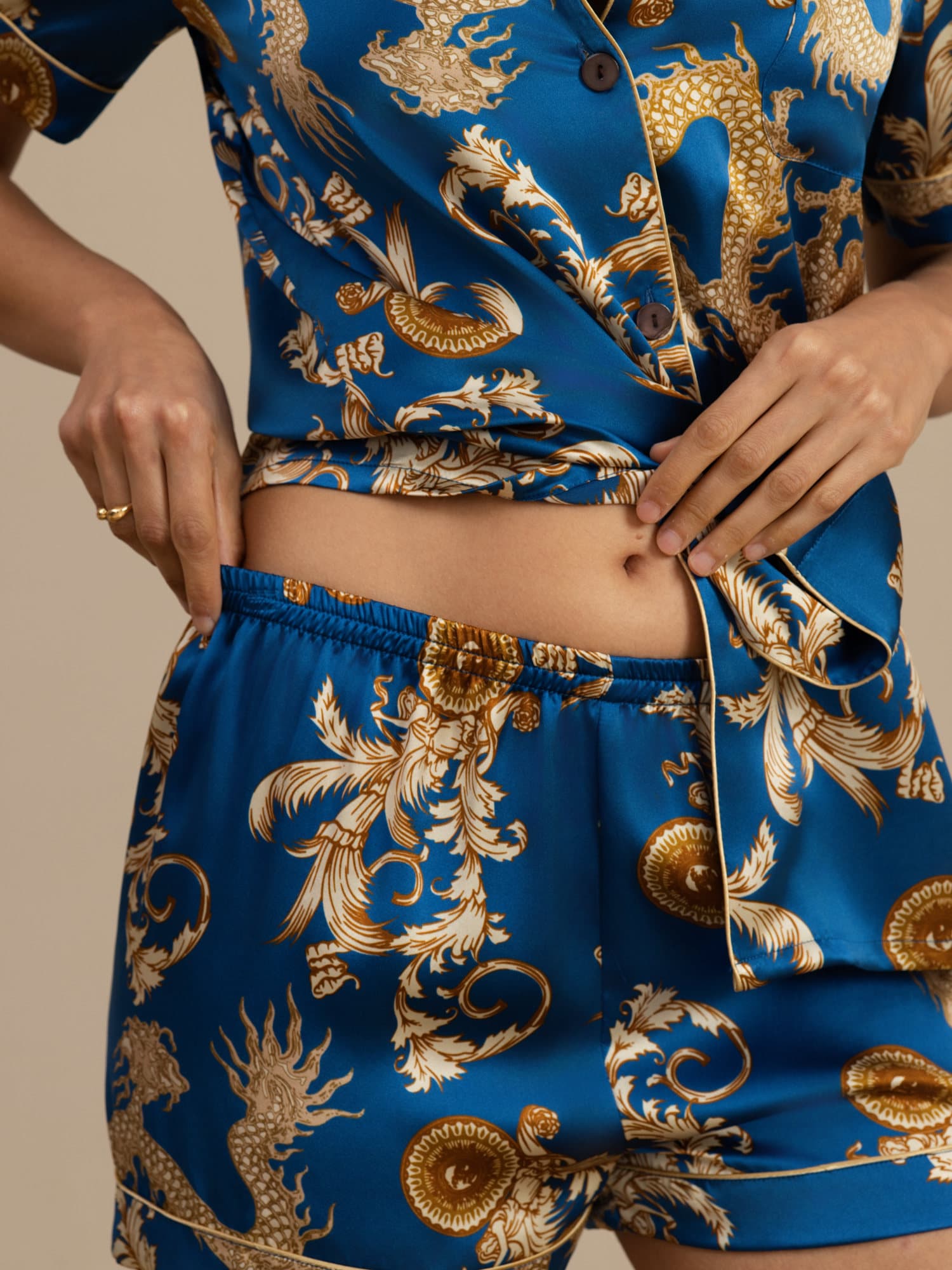 [Navy Dragon] SilkSilky  Short Sleeve Notch Collar Women's Pajamas 005