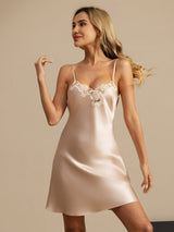 [Pink] SilkSilky  Spaghetti Strap V Neck Nightgown 001