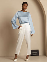 [Grayish Blue] SilkSilky  19Momme Stretch Silk Charmeuse Long Sleeve Boat Neck Blouse 007