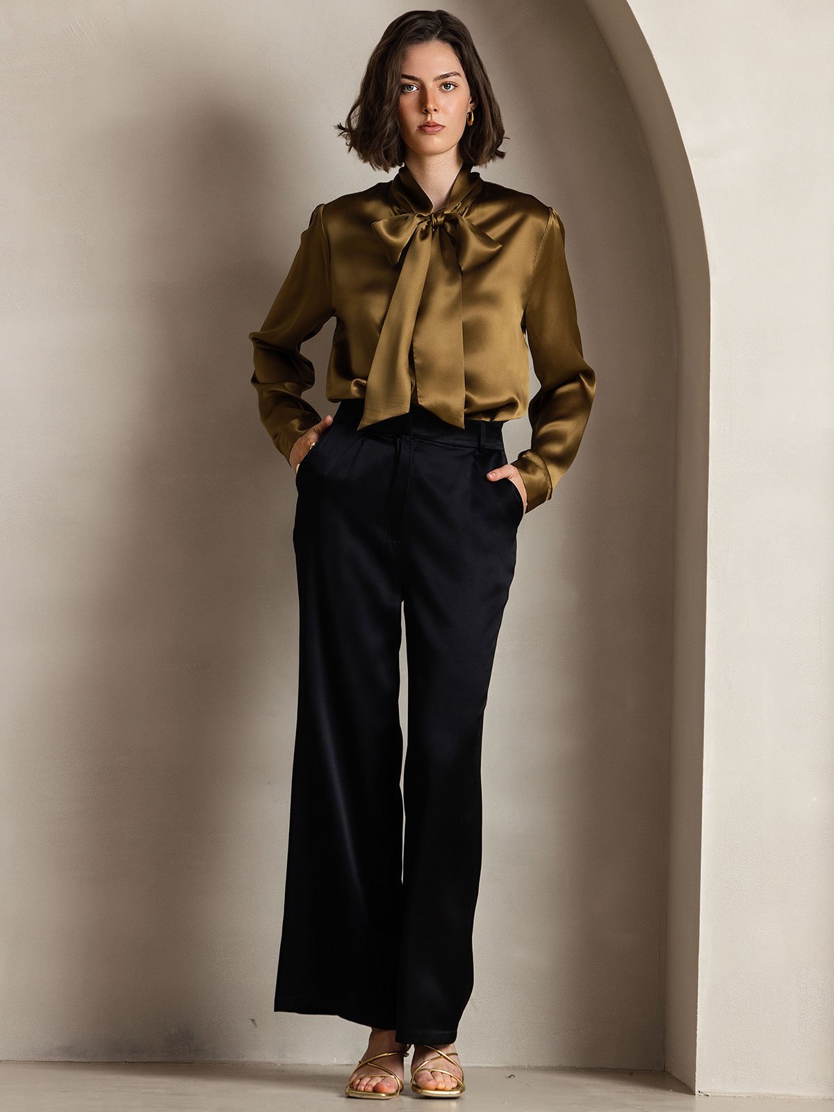 [Brown] SilkSilky 19Momme Silk Long Sleeve Tie Neck Women's Shirt 007