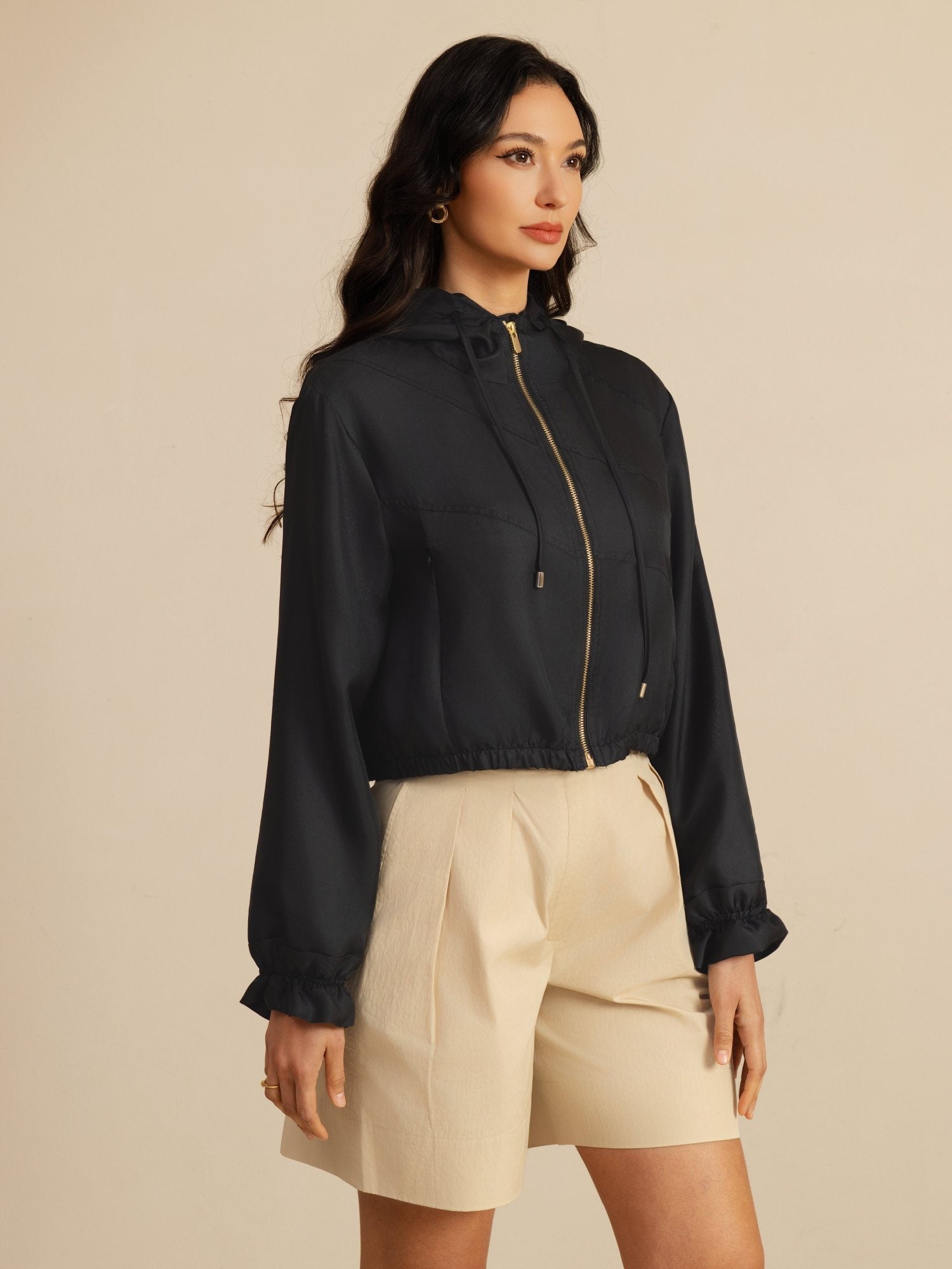 [Black] SilkSilky 18Momme Silk Satin Surah Long Sleeve High Neck Women's Outerwear 006