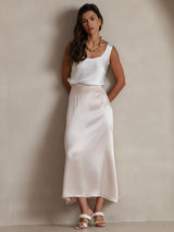 [White] SilkSilky  19Momme Stretch Silk Charmeuse Sleeveless Scoop Neck Camisole Top 005