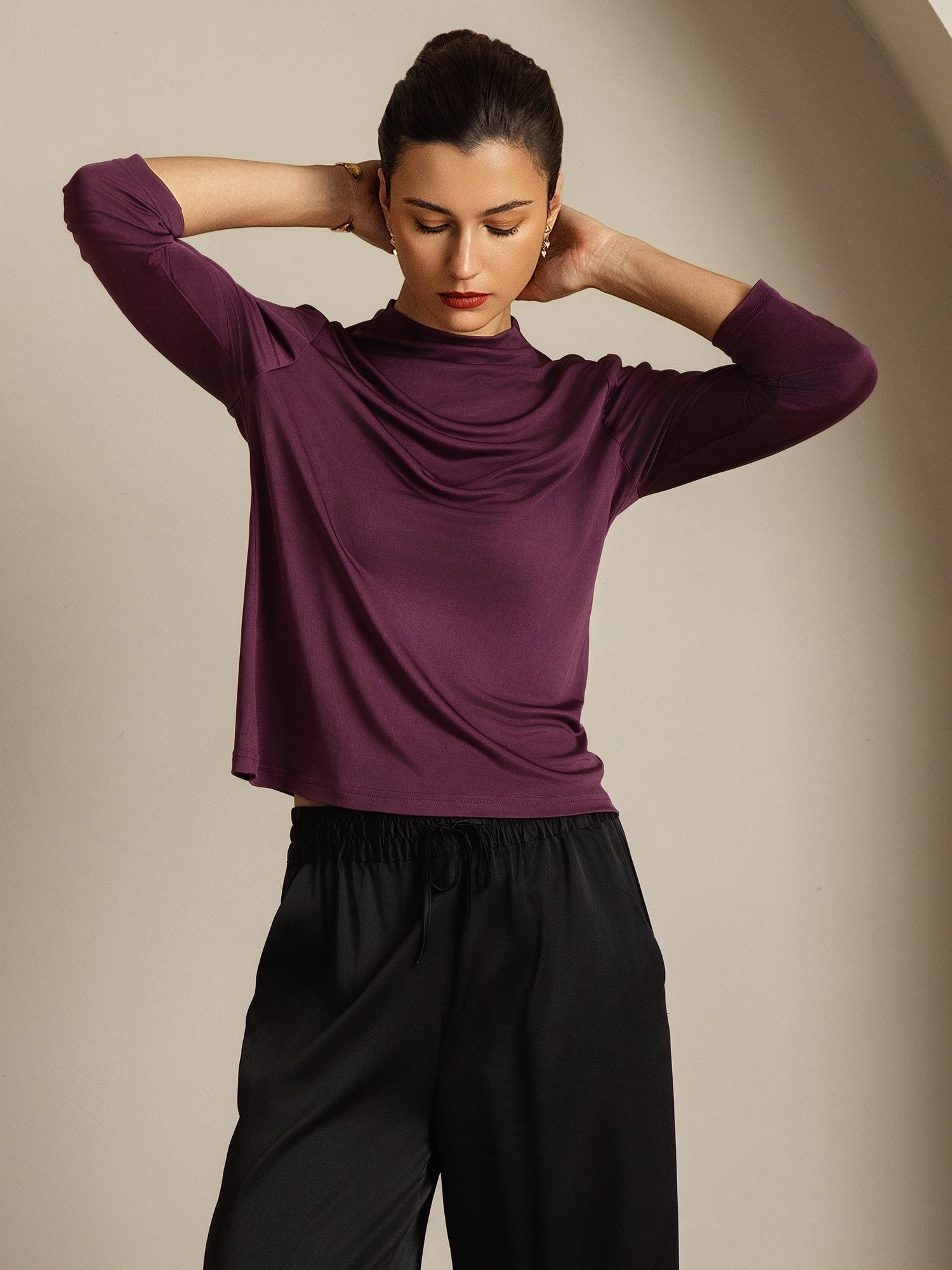 [Purple] SilkSilky  Pure Silk High Neck Women's T-Shirt 007