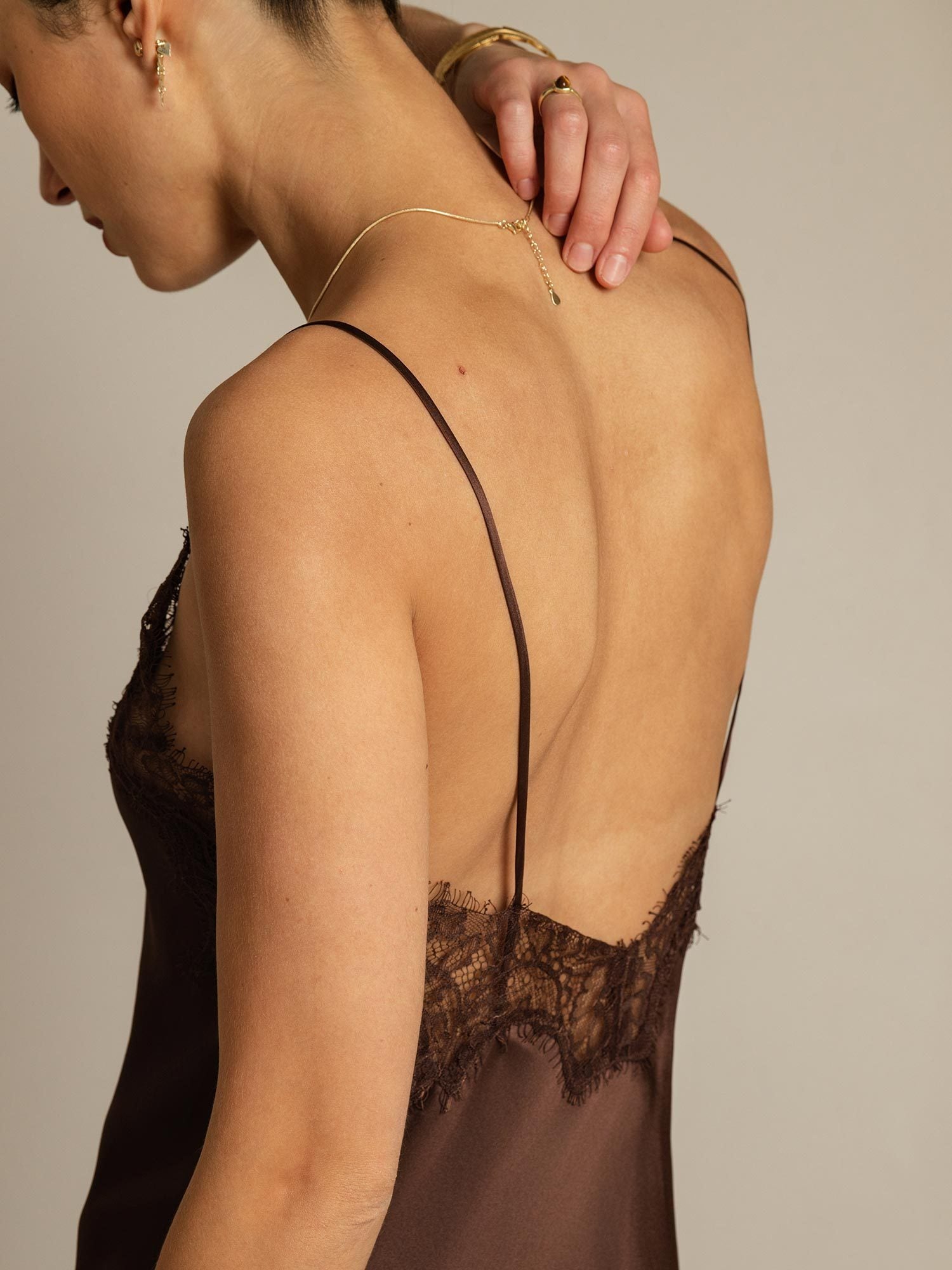 [Brown] SilkSilky Pure Silk Asymmetric Dress 005