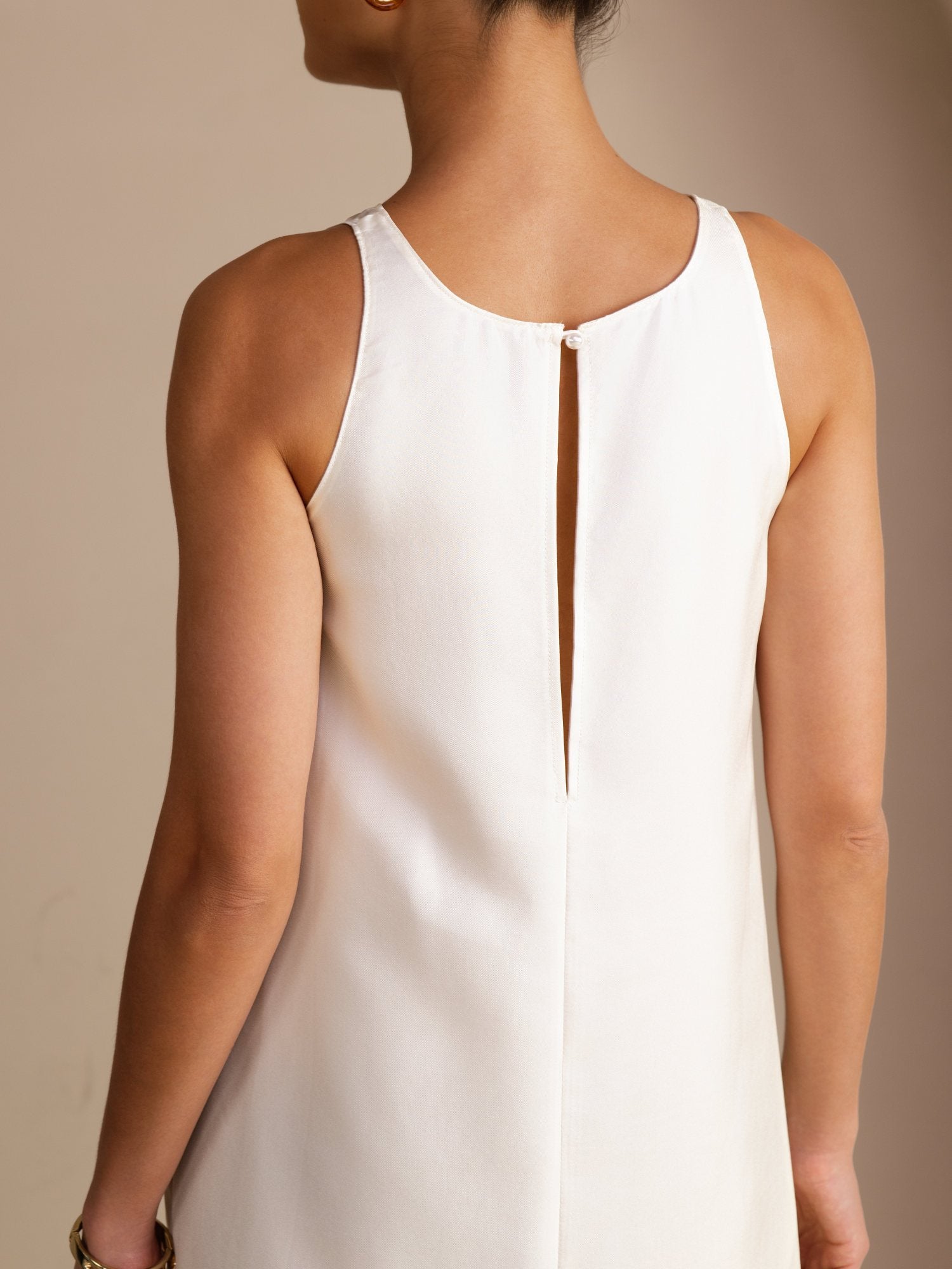 SilkSilky 100% Mulberry Silk Crew Neck Sleeveless Self-Tie Midi Dress, White / L(12)