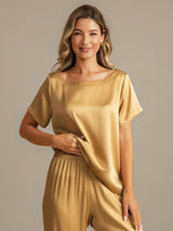 [Tan] SilkSilky  19Momme Machine-Washable Silk Short Sleeve Women's Pajamas 006
