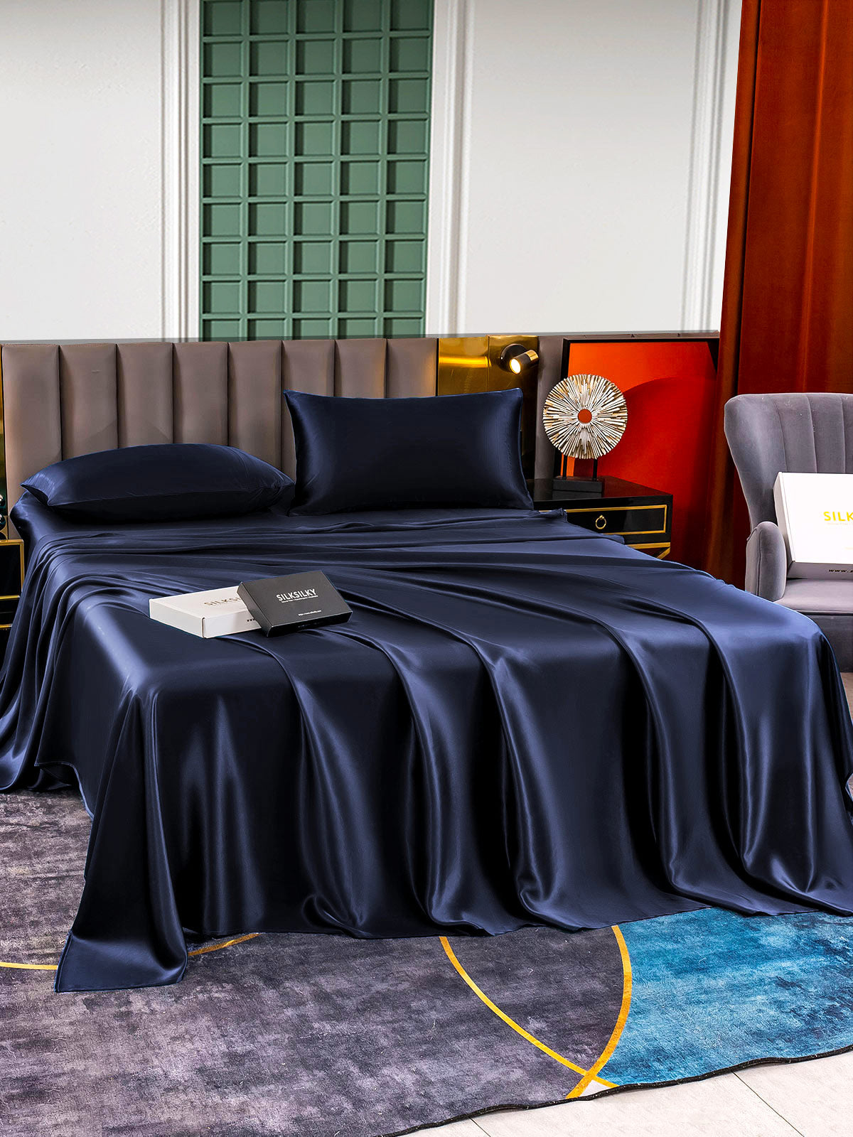 SilkSilky US 25Momme Pure Silk Bedding Set DarkBlue 002