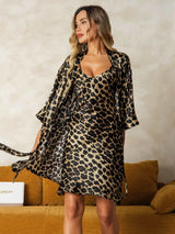 [Leopard] SilkSilky  3/4 Sleeve V Neck Nightgown&Robe Set 006