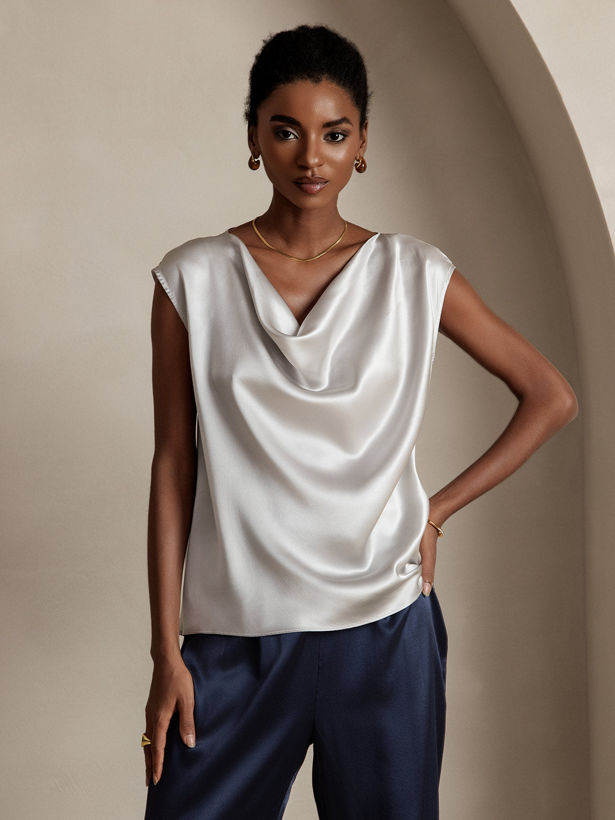 [Light Gray] SilkSilky  19Momme Silk Cowl Neck Women's T-Shirt 001