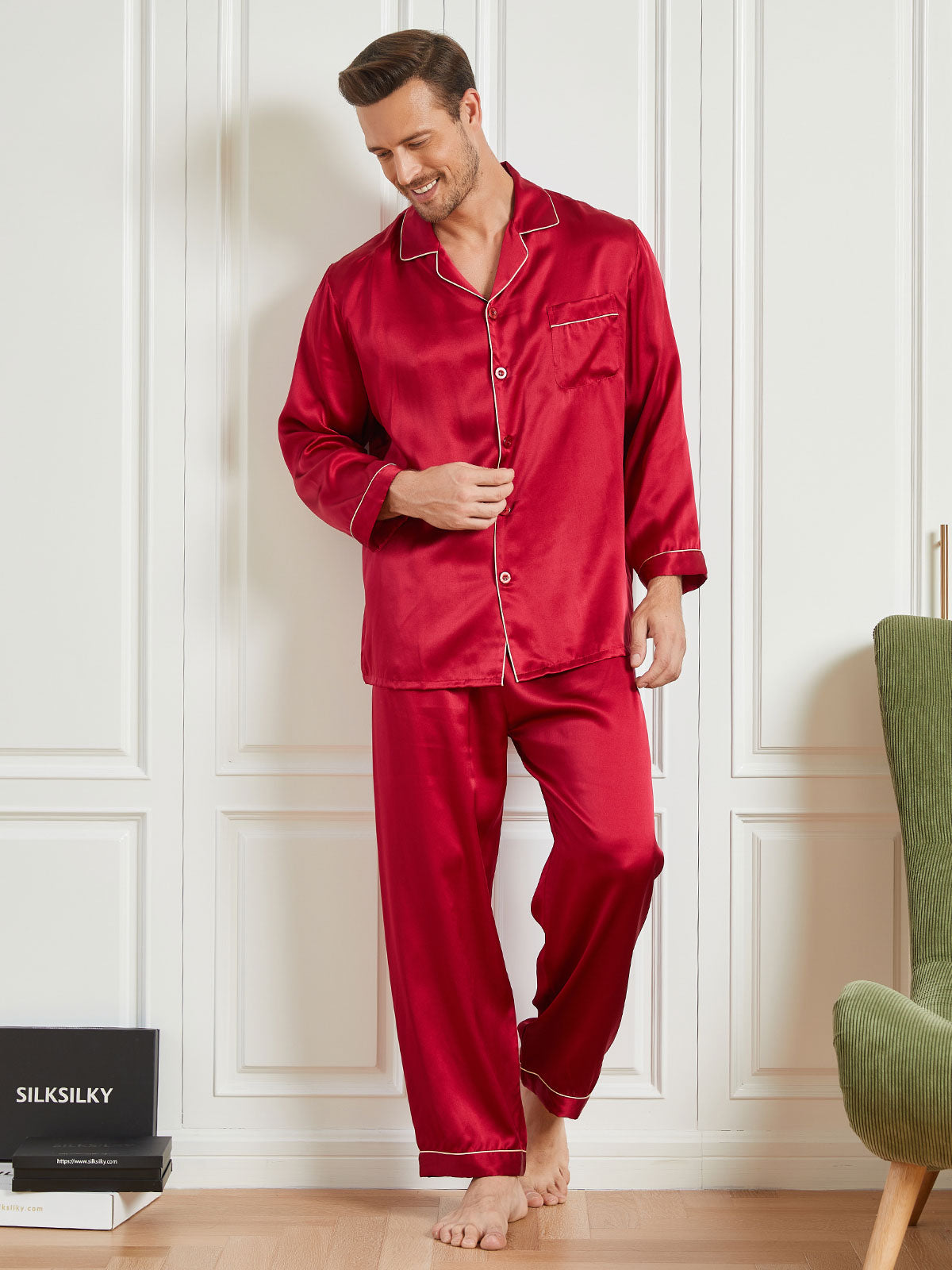 SilkSilky US 19Momme Pure Silk Long Sleeve Lapel Men's Pajamas Red 003