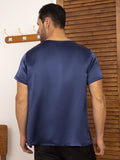 SilkSilky US Pure Silk Short Sleeve V Neck Men's T Shirt DarkBlue 002