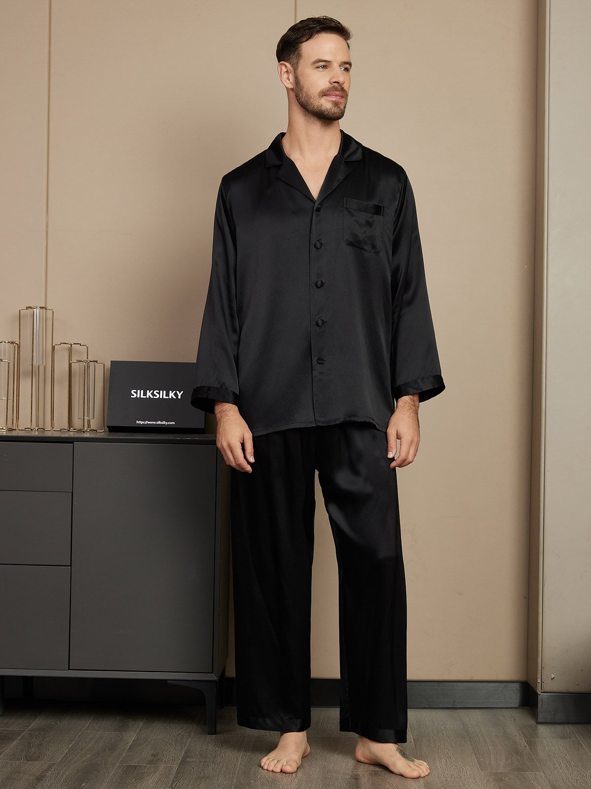 [Black] SilkSilky  Pure Silk Mens Pajamas 001