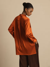 [Caramel] SilkSilky  19Momme Stretch Silk Charmeuse Long Sleeve Stand Collar Blouse 002