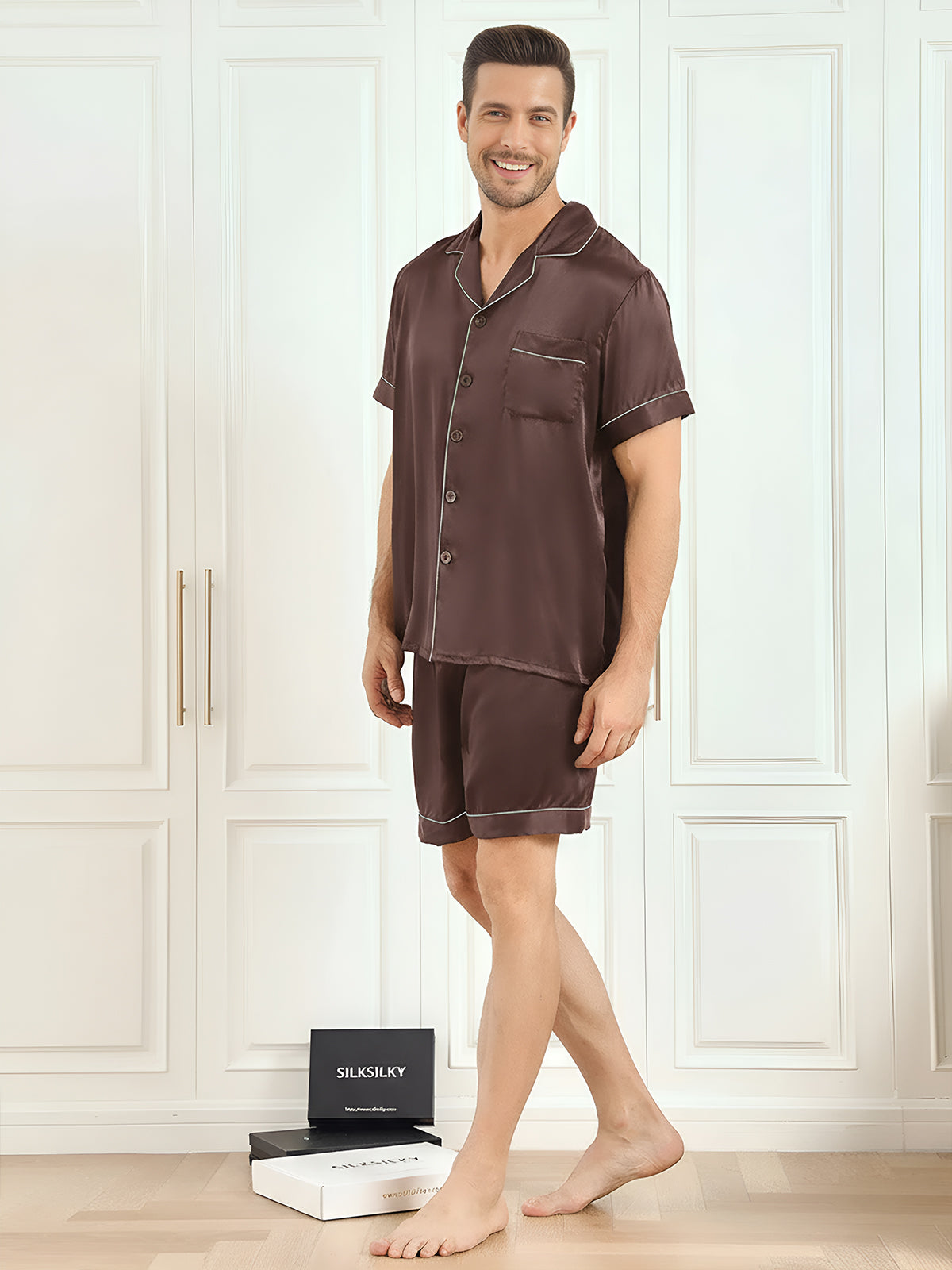[Coffee] SilkSilky  Pure Silk Mens Pajamas 005