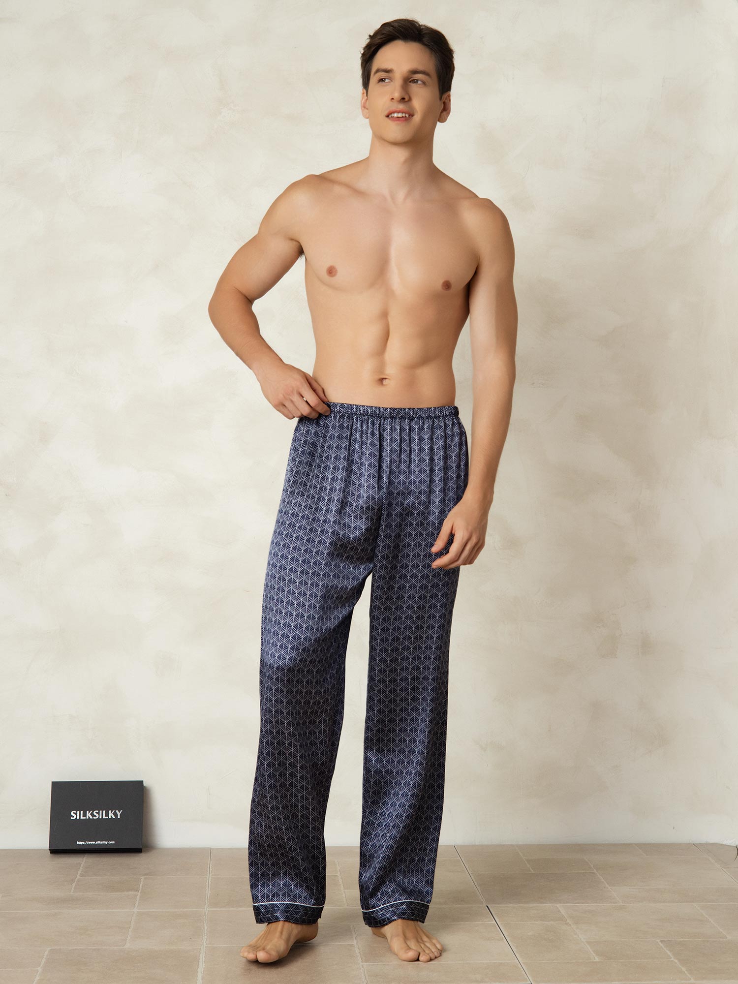 [Navy Ginkgo] SilkSilky  Pure Silk Mens Sleep Bottoms 004