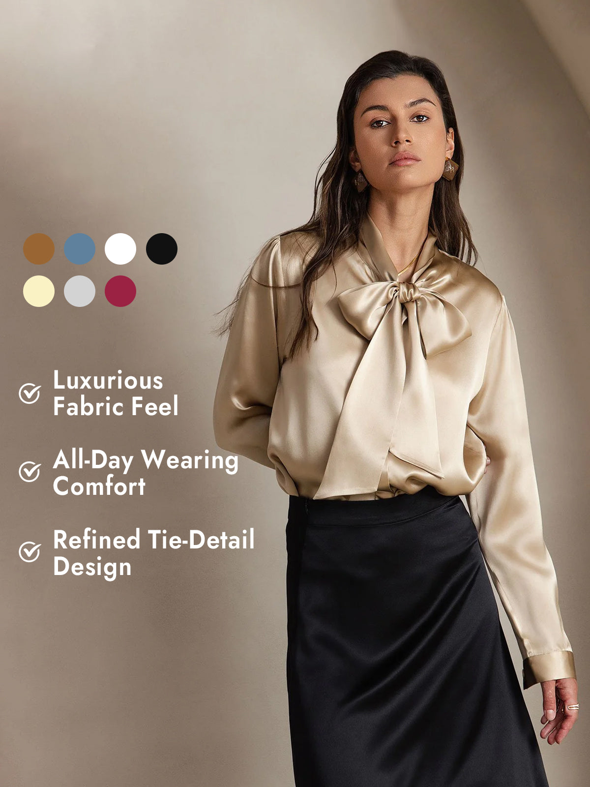 [Champagne] SilkSilky  19Momme Silk Long Sleeve Tie Neck Blouse 001