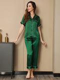 SilkSilky  Pure Silk Short Sleeve Lapel Women's Pajamas Green 004