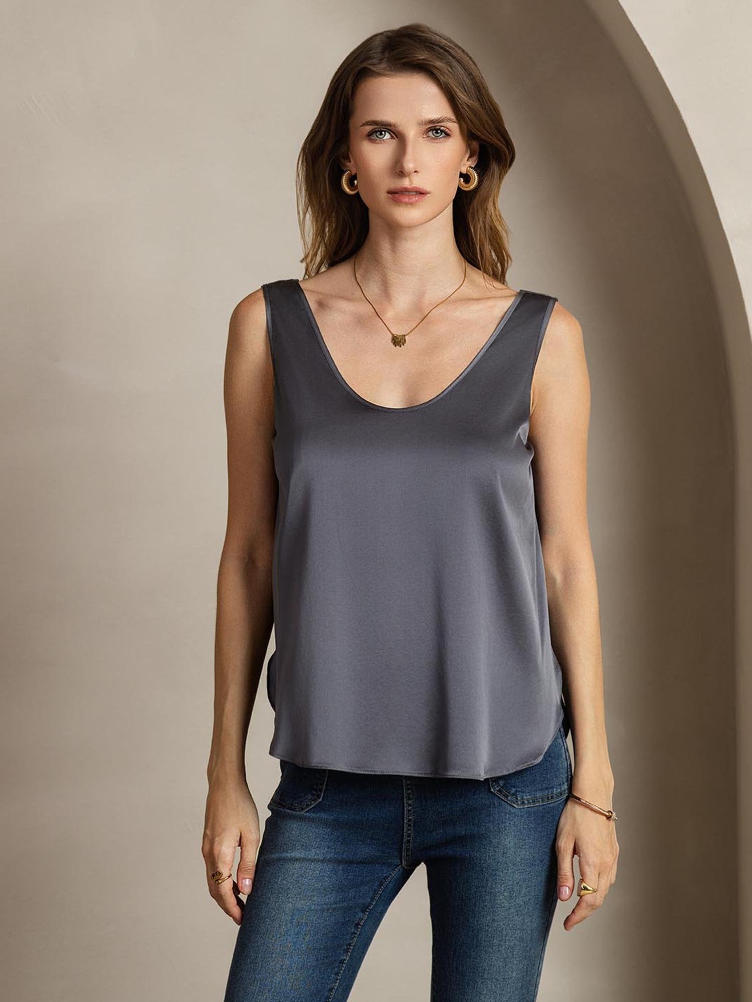 [DarkGray] SilkSilky 19Momme Silk U Neck Women's T-Shirt 002