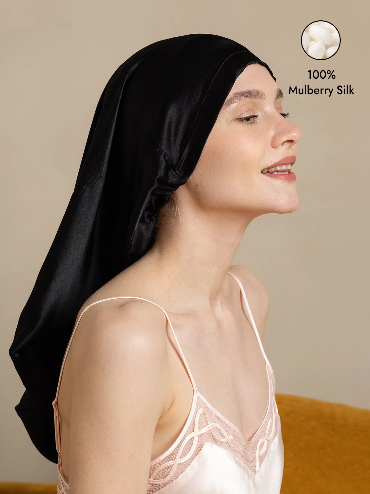 [Black] SilkSilky  Pure Silk Sleep Cap 001