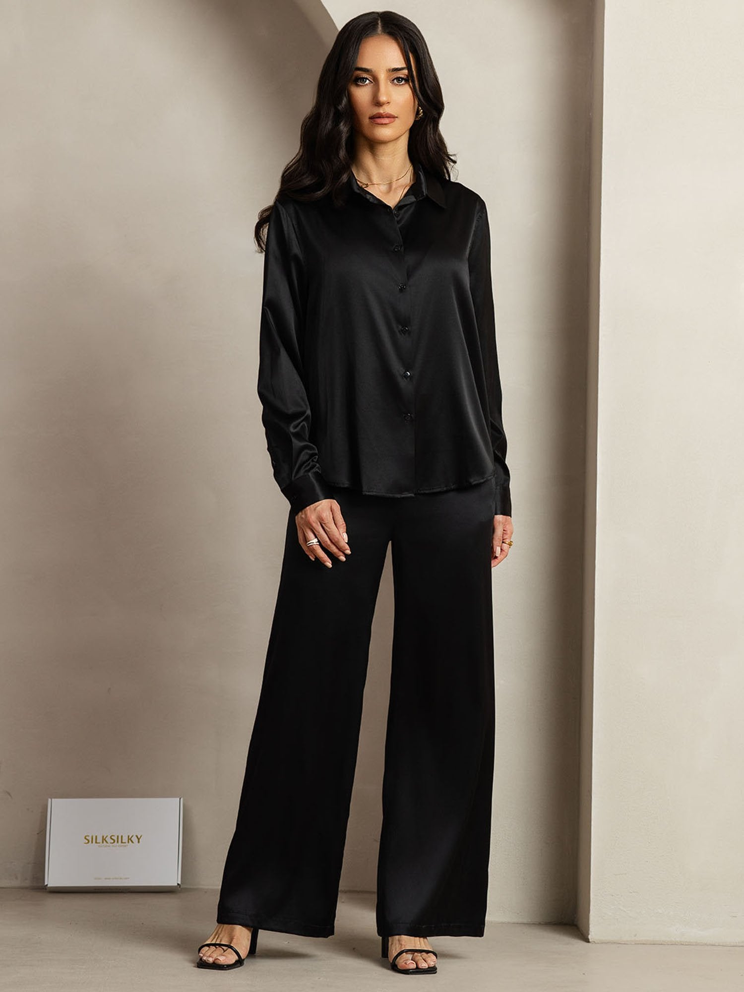 [Black] SilkSilky 19Momme Silk Lapel Collar Women''s Outfit Sets 003