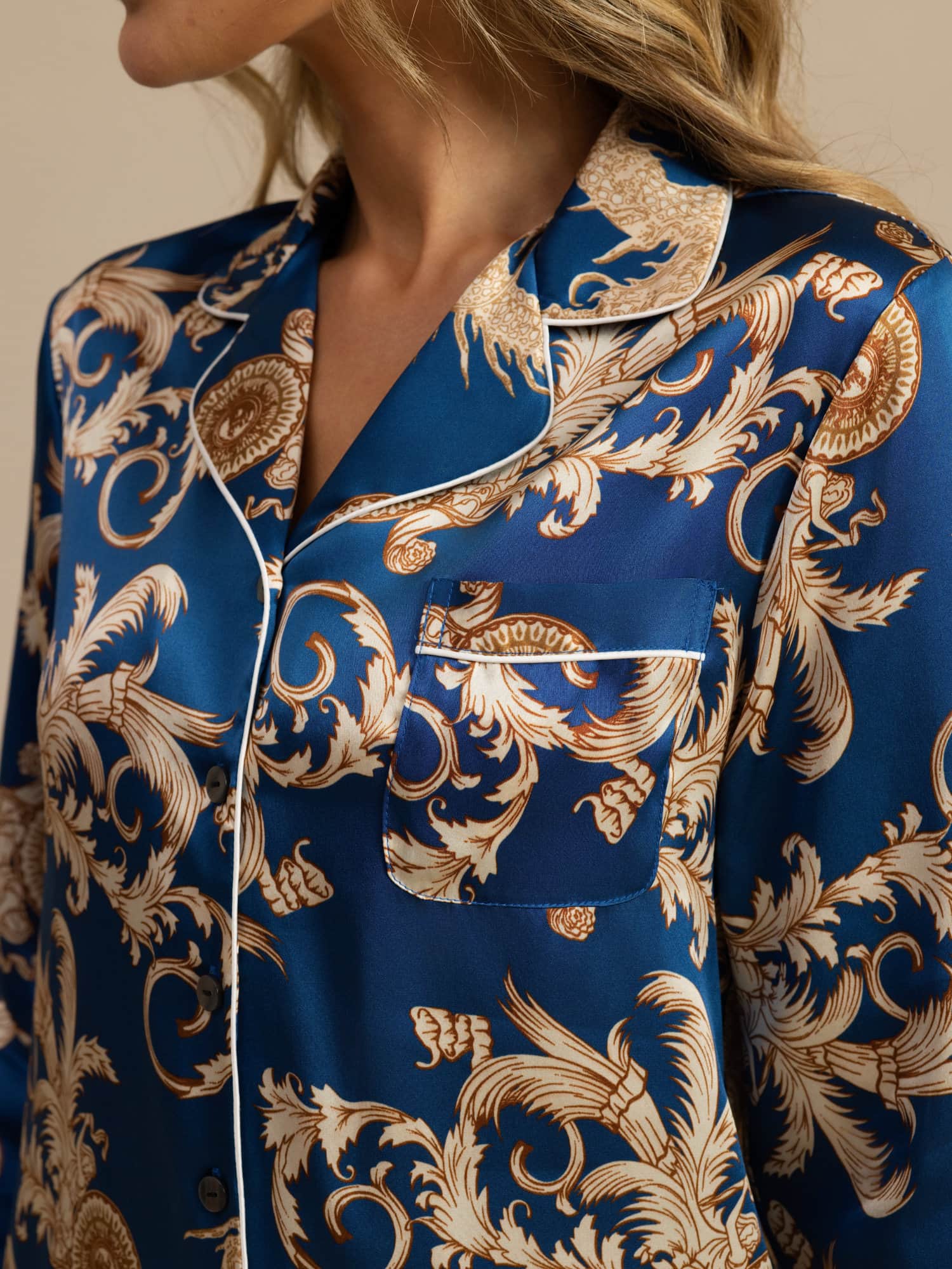 [Navy Dragon] SilkSilky  Long Sleeve Notch Collar Women's Pajamas 007