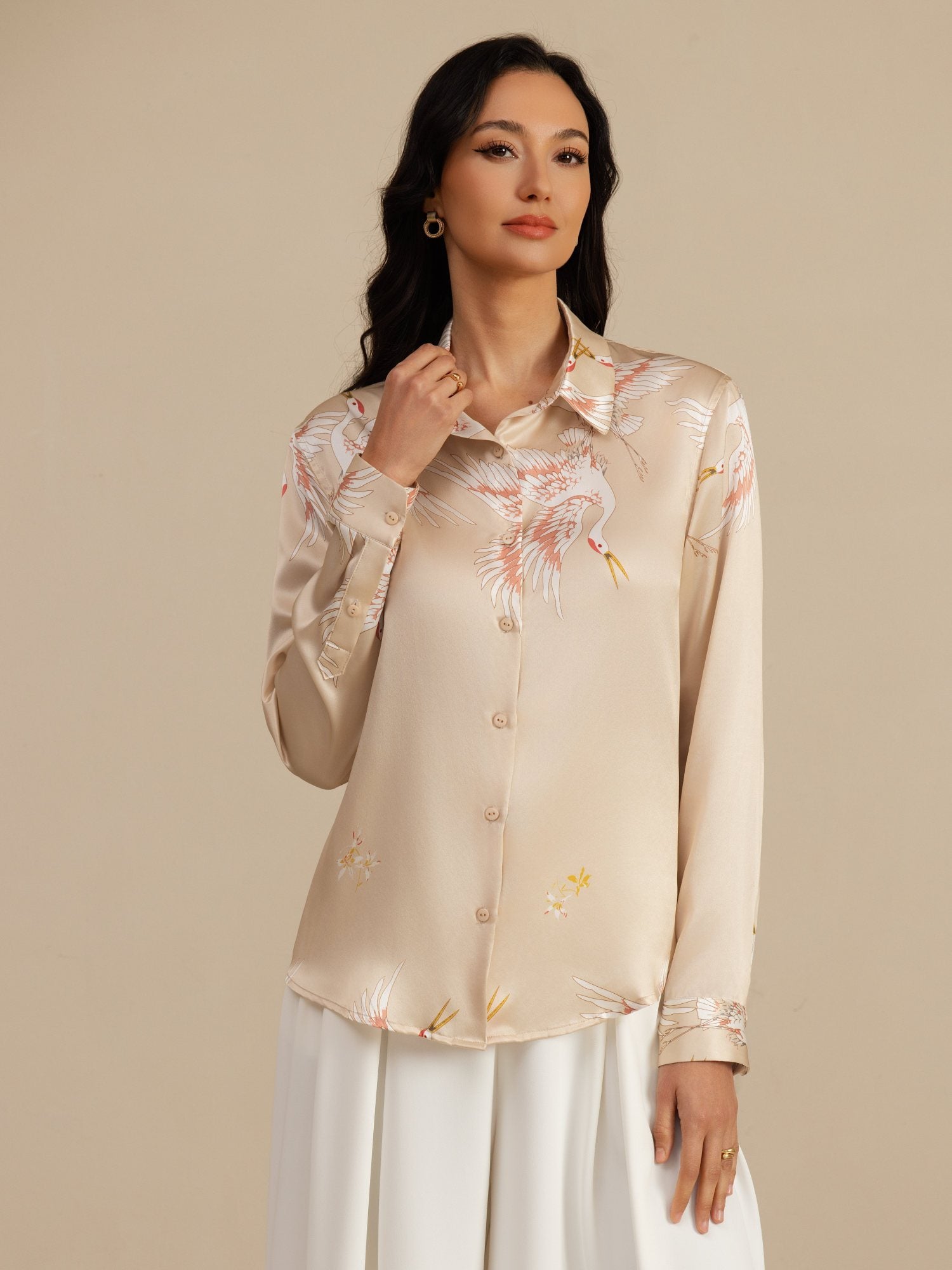 [Champagne] SilkSilky  19Momme Long Sleeve Lapel Collar Women's Shirt 003