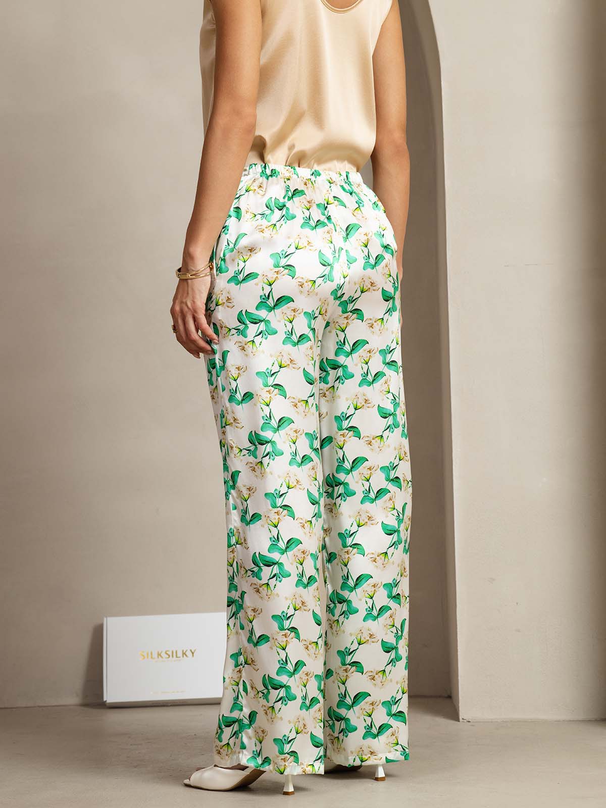 [Green Floral] SilkSilky  19Momme Silk Womens Pants 002