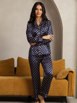 [Navy Chain] SilkSilky  Pure Silk Notch Collar Women's Pajamas 005,