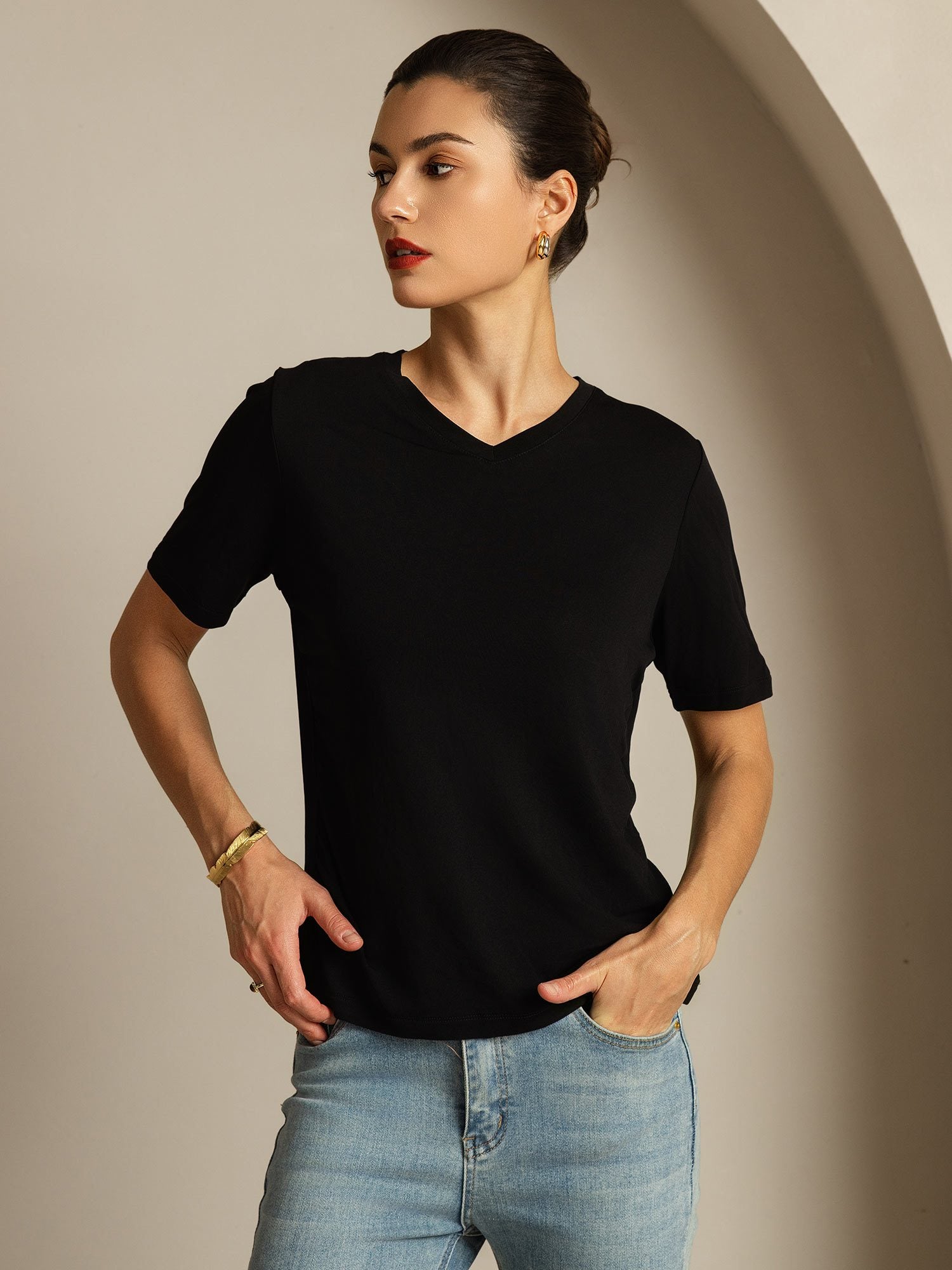 [Black] SilkSilky Pure Silk V Neck Women's T-Shirt 006