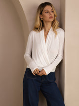 [White] SilkSilky  Long Sleeve Wrap Women's Blouse 005