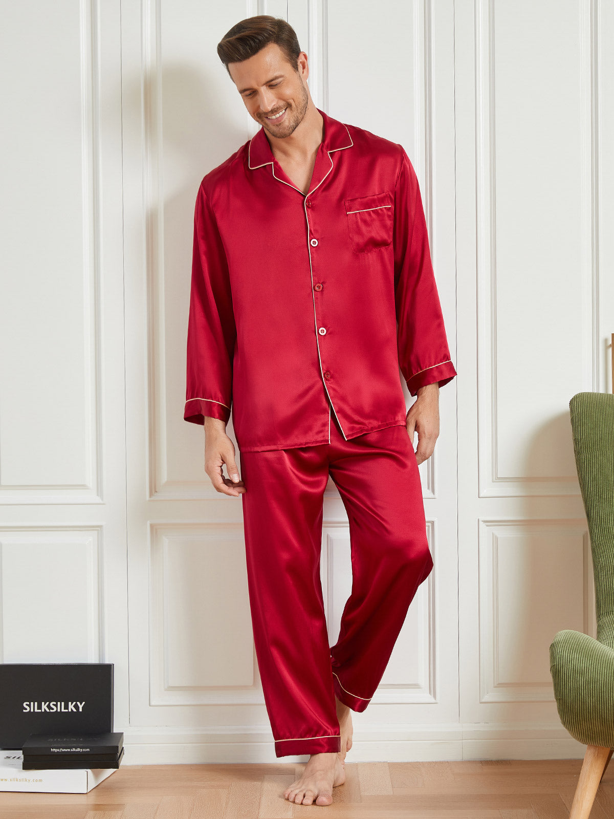 SilkSilky US 19Momme Pure Silk Long Sleeve Lapel Men's Pajamas Red 001