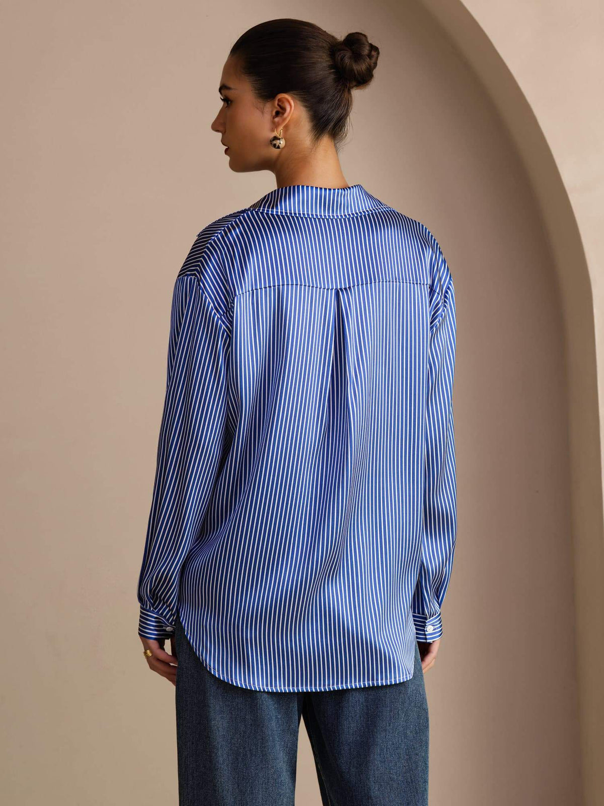 [Blue Pinstripe] SilkSilky Long Sleeve Lapel Collar Women's Shirts 002