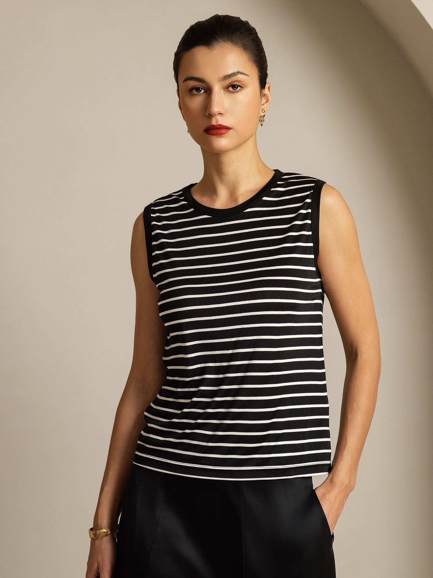 [BlackStripe] SilkSilky Pure Silk Round Neck Camisole Top 001