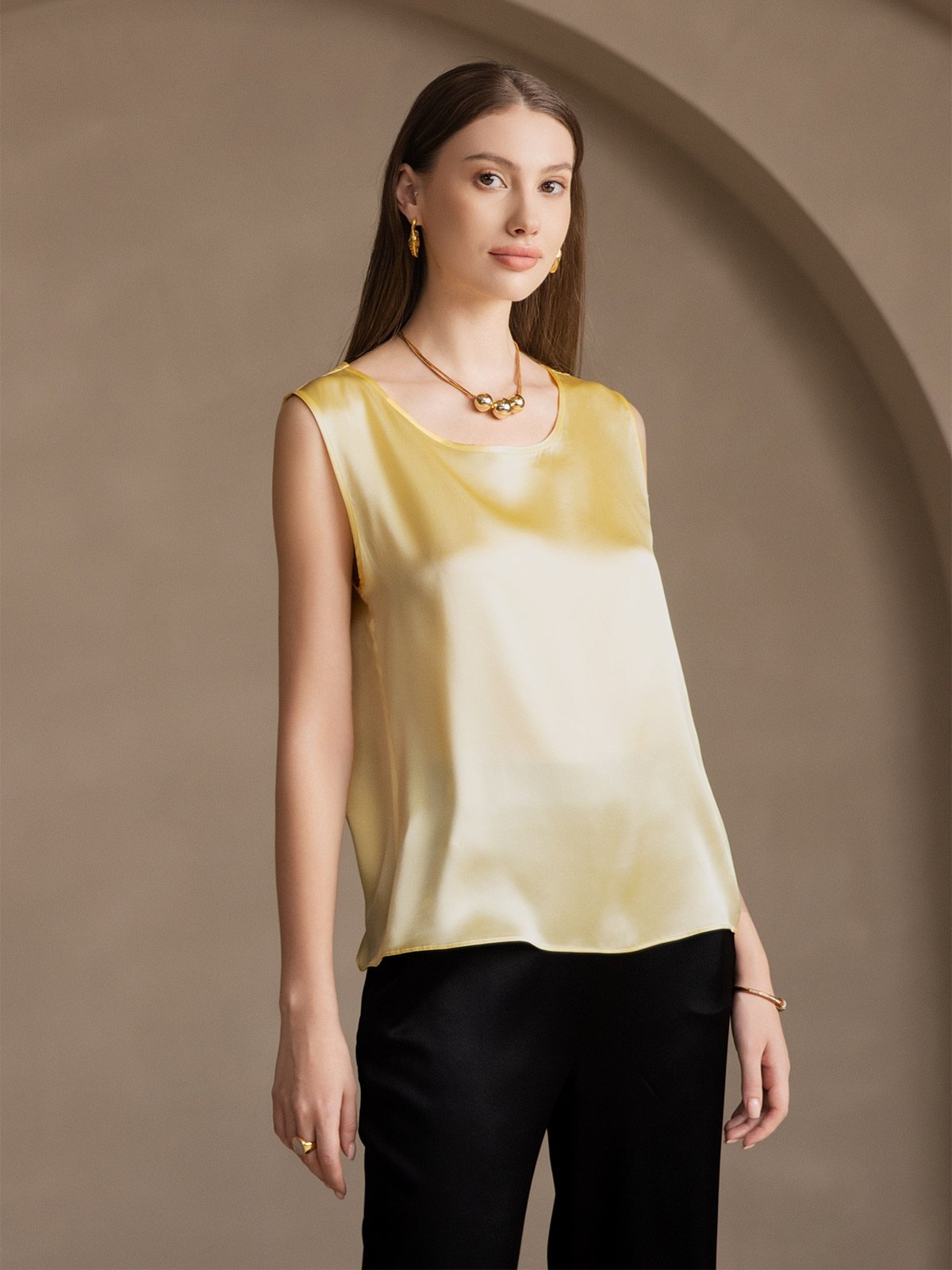 [Light Yellow] SilkSilky  19Momme Silk Round Neck Camisole Top 005