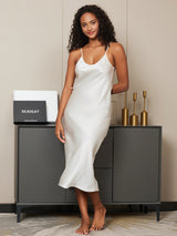 [White] SilkSilky  Spaghetti Strap V Neck Nightgown 003