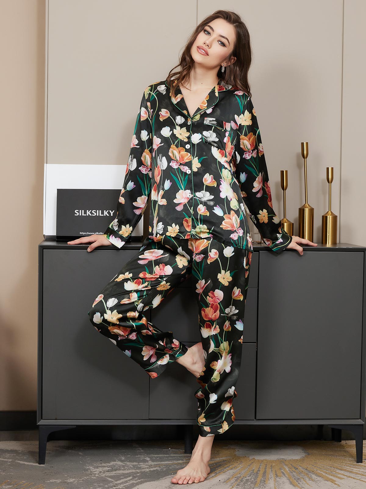 SilkSilky US Pure Silk Long Sleeve Lapel Women's Pajamas Black 001